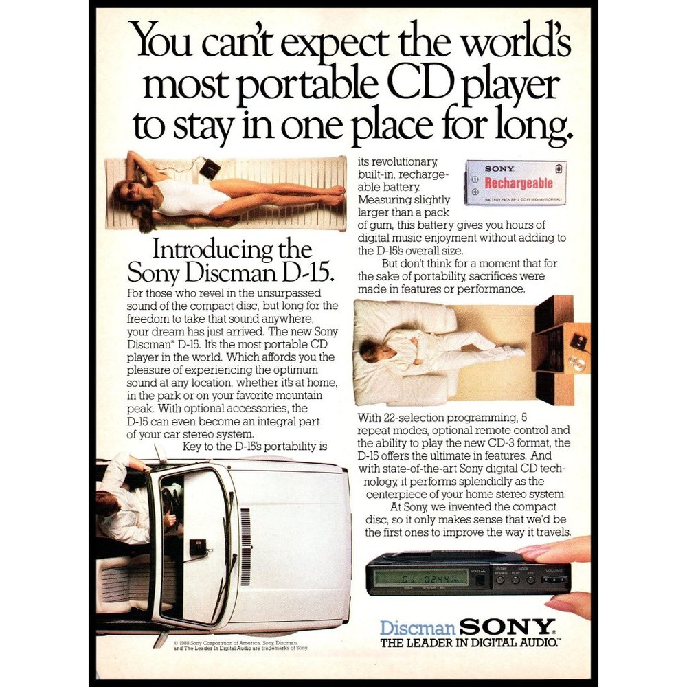 1988 Sony Discman D-15 Portable CD Player Vintage Print Ad Audiophile Wall Art